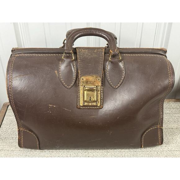 Ford Motor Co Old Brown Leather Suitcase- Many Flaws But Beauty- App 11”H 16” L - Picture 2 of 13